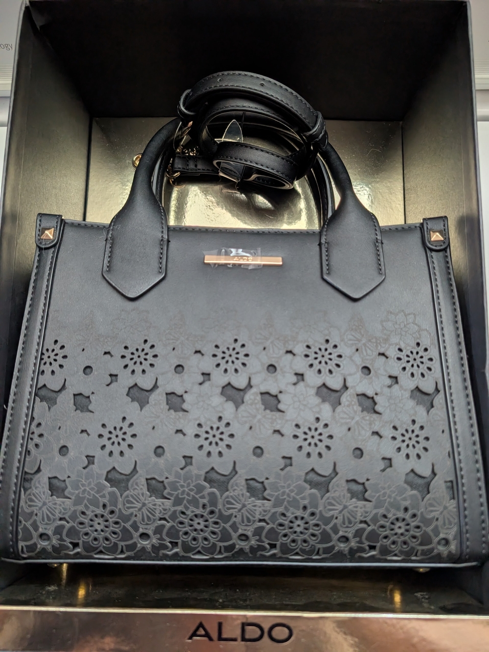ALDO Black Floral Laser-Cut Satchel with Gold Accents